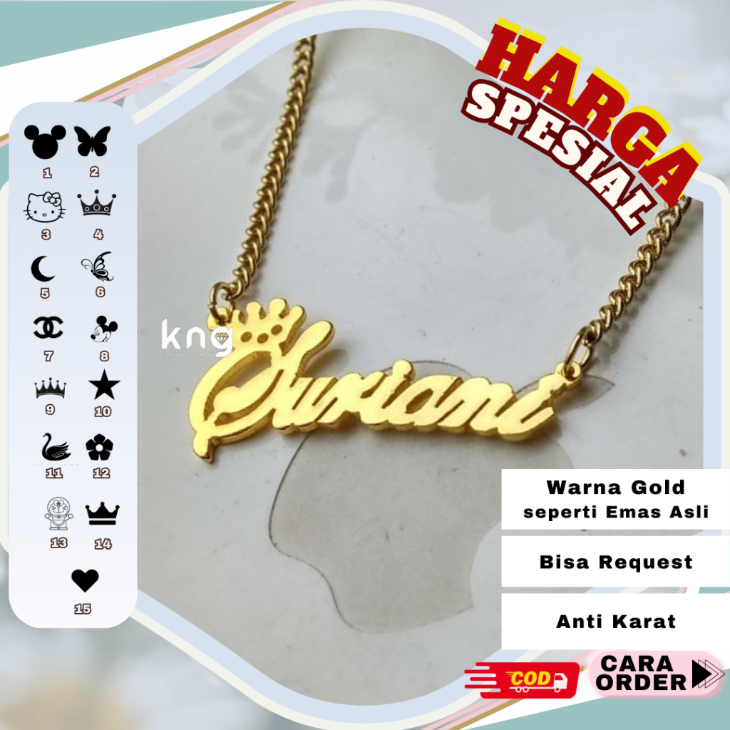 Jual Kalung nama titanium anti karat custom lapis emas gold dewasa