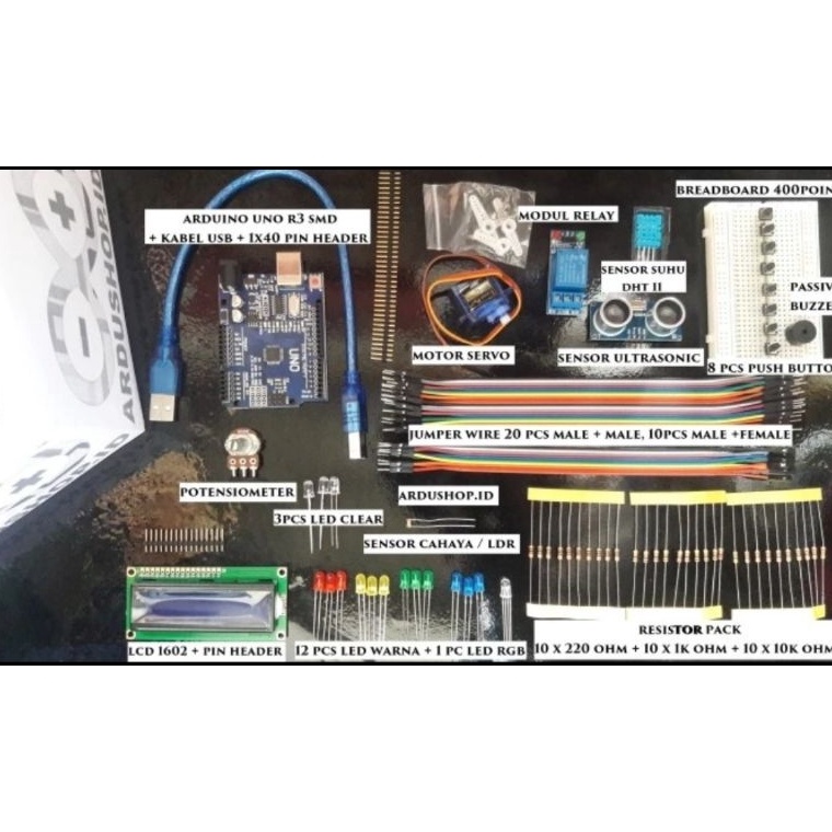 Jual Arduino Uno R3 kit lengkap paket belajar pemula Smd compatible ...