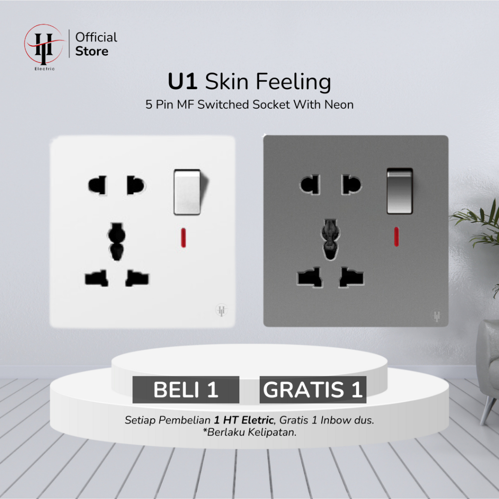 Jual HT Electric U1 White/Grey Saklar Socket 5 Pin MF Switched Socket ...