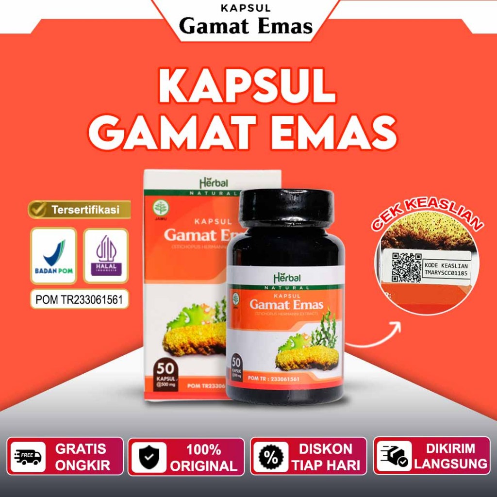 Kapsul Gamat Emas Asli 100% Ekstrak Teripang Emas Multi Khasiat - Isi 50 Kapsul - Gamat Mas Kapsul - Jelly Gamat Kapsul - Gold Gamat