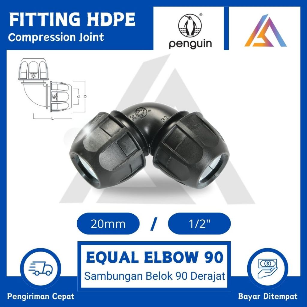 Jual Fitting HDPE Equal Elbow 20mm ~ 1/2