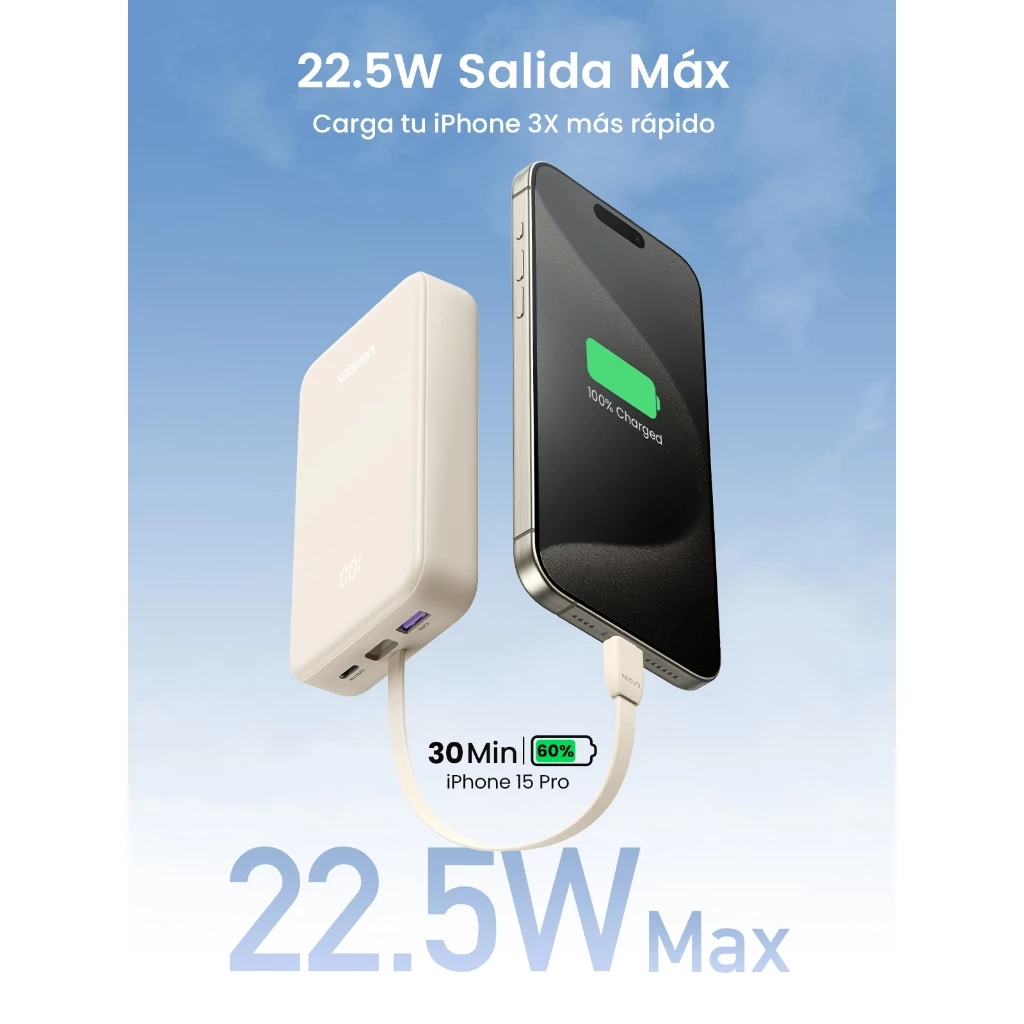 UGREEN Power Bank 20.000mAh PD QC 3.0 Fast Charging 22.5W LED Built in Cable Type C 35340