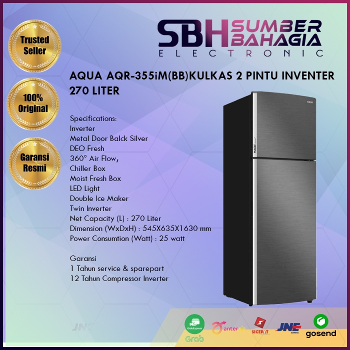 Jual AQUA AQR-355iM(BB)KULKAS 2 PINTU INVENTER 270 LITER (NEW) (KHUSUS ...