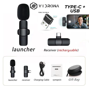 VIDRONA Mic Wireless Clip On Microphone Lavalier HP Plug Play Mic Konten Vlog Video Streaming