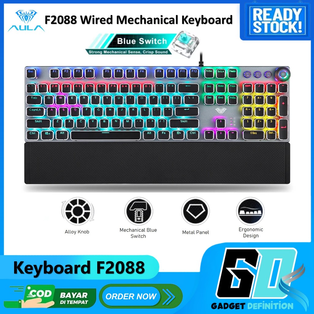 Jual Keyboard Gaming Multimedia Mechanical AULA F2088 - RGB Blue Switch ...