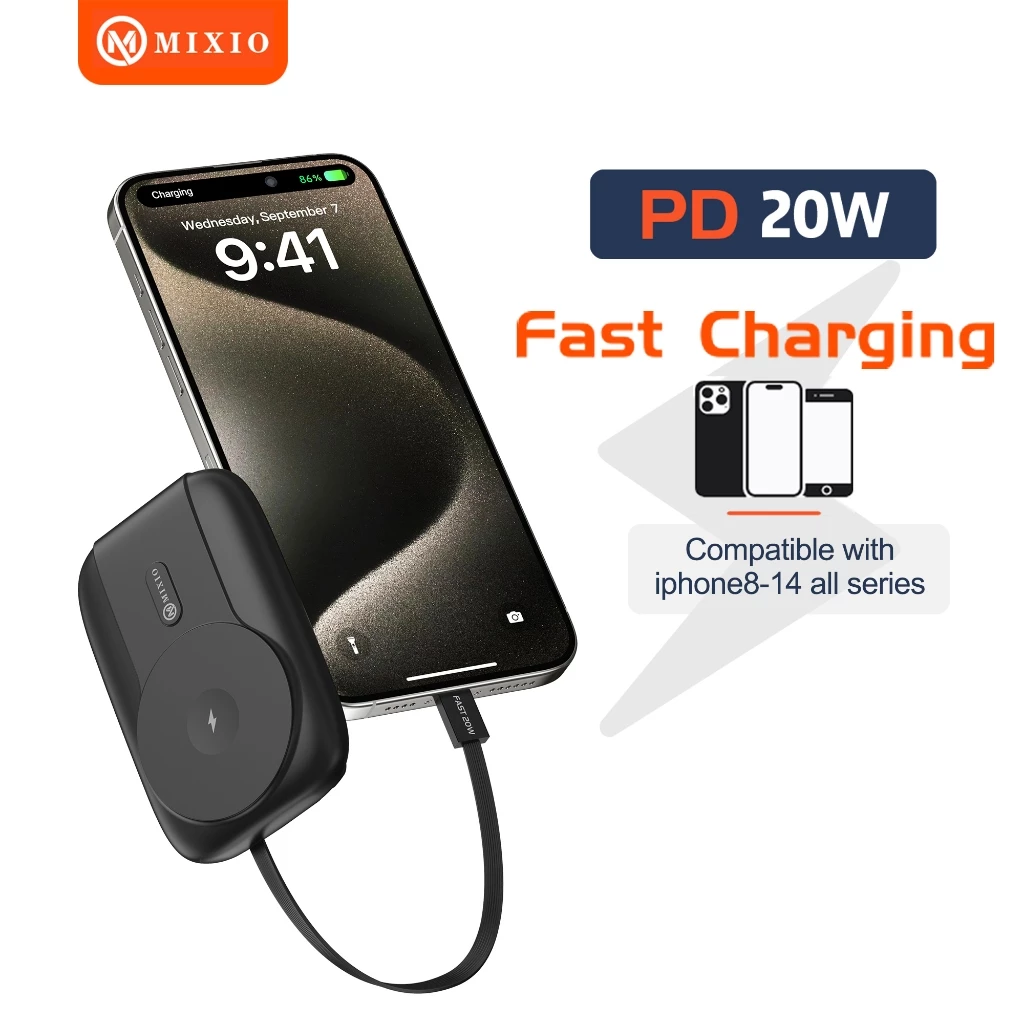 MIXIO MP-11 WIRELESS POWER BANK 5000MAH MAGNETIC MAGSAFE 20W FAST CHARGING TYPE C PD BUILD IN KABEL