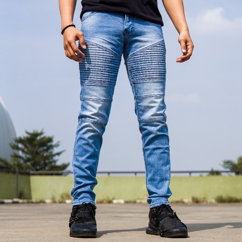 Overdose Celana Biker Jeans Pria Vaqueros Denim Biker Pants Slim Fit  Basic Persian Blue