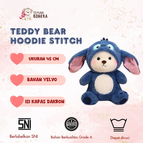 TEMAN BONEKA Teddy Bear Giant Hoodie Lotso Stitch Rabbit Panda Boneka  Beruang Jaket Pink Putih Biru Pink Hijau Mainan Kado Anak Mewah Premium