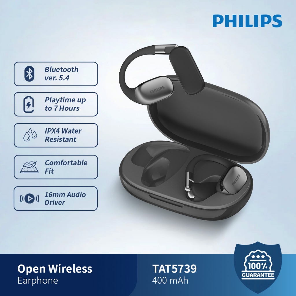 PHILIPS TAT5739 bluetooth Open Wireless Earphone OWS Open-Ear  Headphones Earphone Sport IPX4 Hook Open Wireless Earphone Hitam