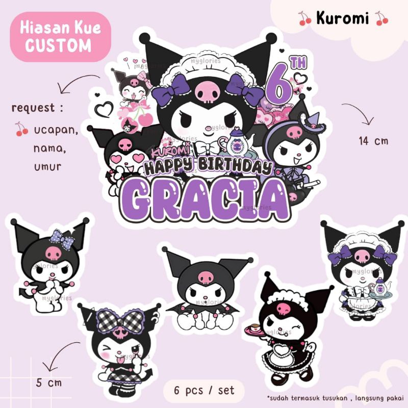 Jual [ CUSTOM NAMA UMUR ] Topper Cake Custom Tema KUROMI - Dekorasi
