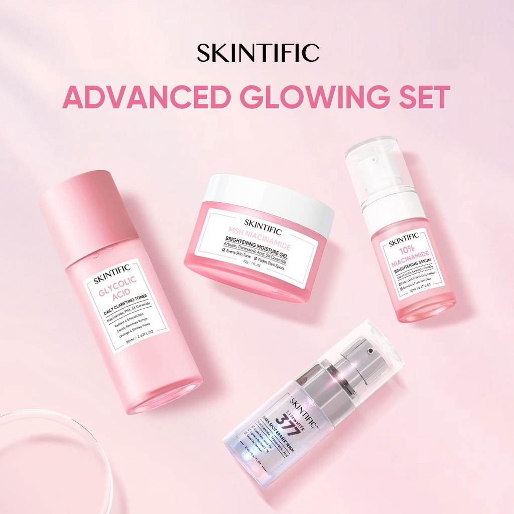 Brightening 4PCS Packet SKINTIFIC 4pcs Advanced Glowing set Skincare paket with MSH Niacinamide Brightening Moisturizer + Niacinamide Brightening Serum + Glycolic Acid Toner + symwhite377 Dark Spot Serum Beauty Pink kit Skincare Packet Skin Whitening