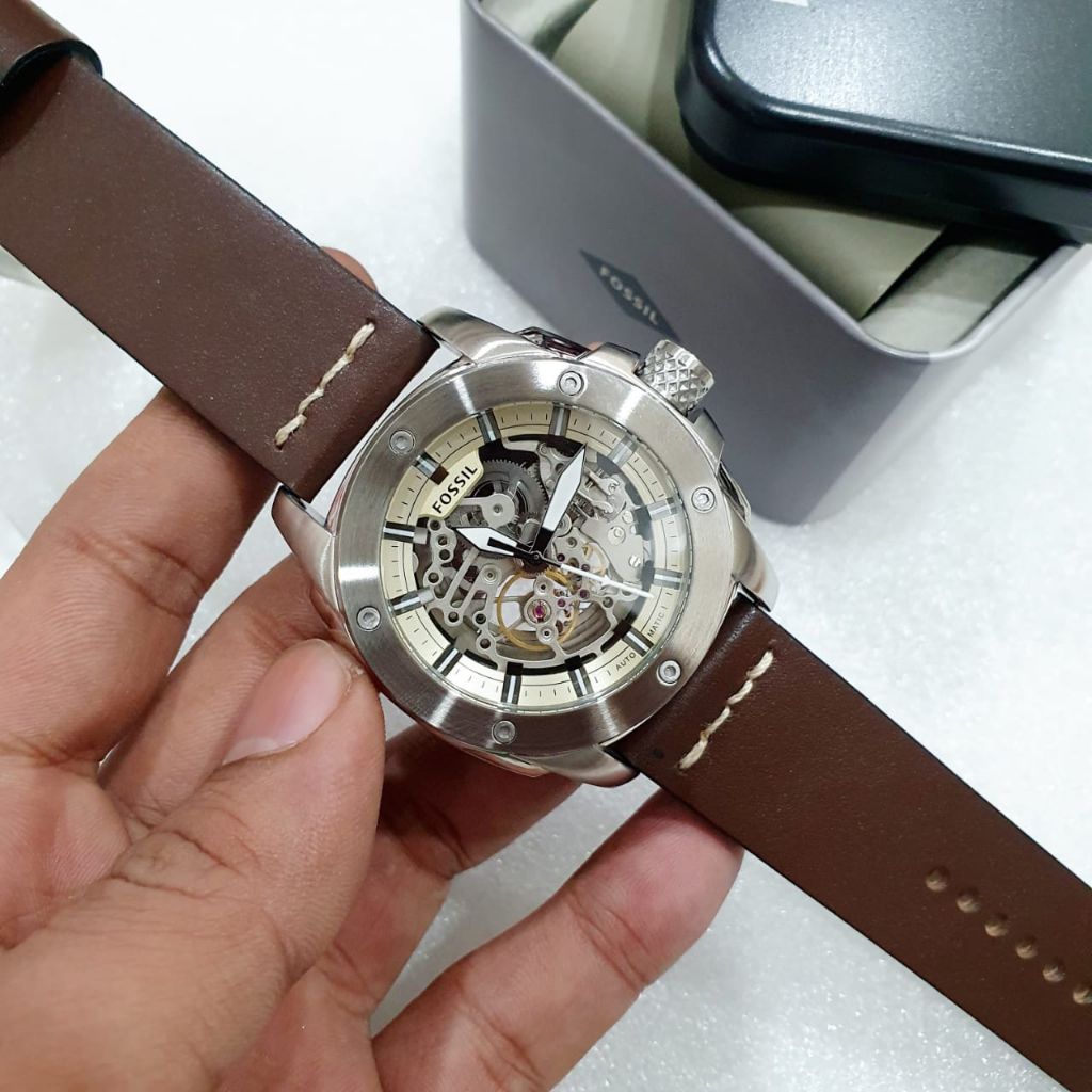 Jual ME3083 Automatic Machine Skeleton Dial Brown Leather Strap 50mm ...