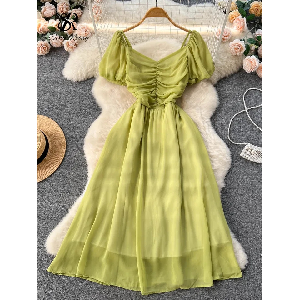 Jual Midi Dress Wanita Sabrina Off Shoulder Retro Kerut Dada Puff