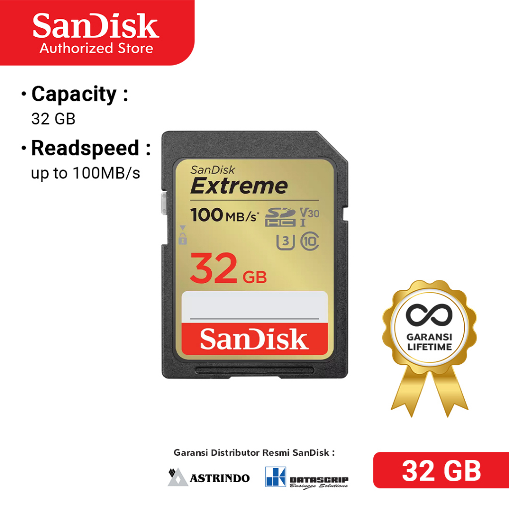 Jual SD Card 32GB SanDisk Extreme UHSI 4K U3 up to 100Mbps Garansi