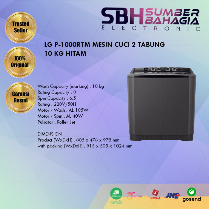 Jual LG P-1000RTM MESIN CUCI 2 TABUNG 10 KG HITAM (NEW) (KHUSUS BANDUNG ...