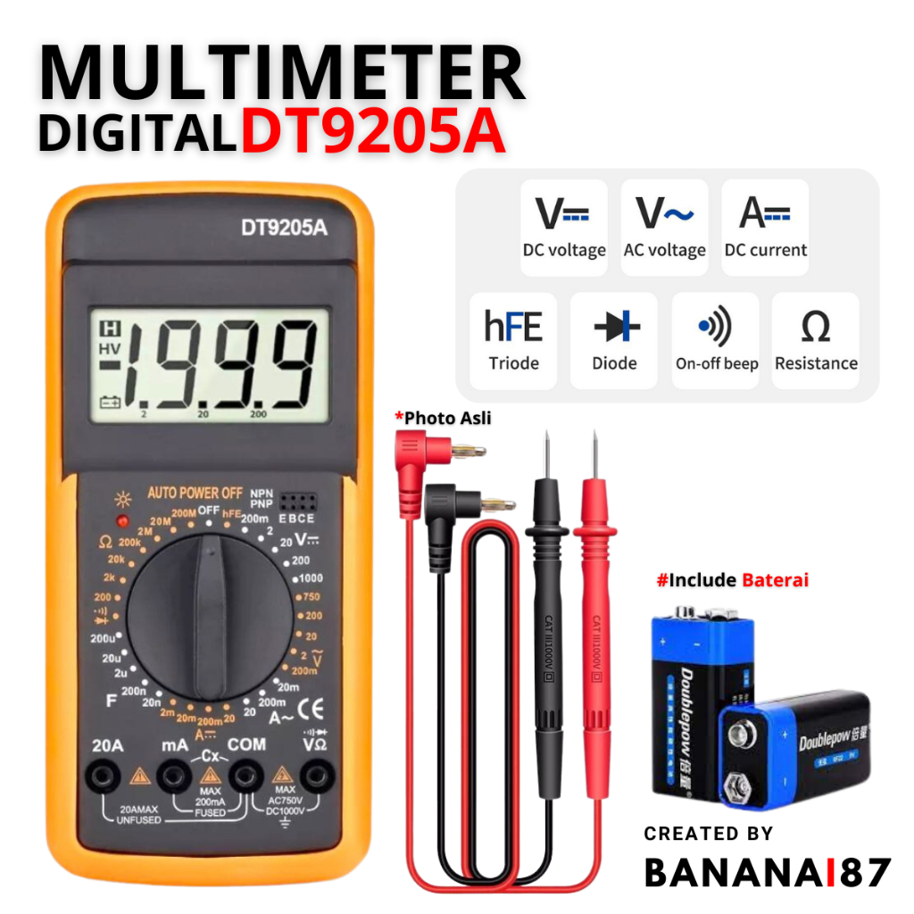 Jual Multimeter Multitester Digital Voltage Tester DT9205A Alat Tes ...