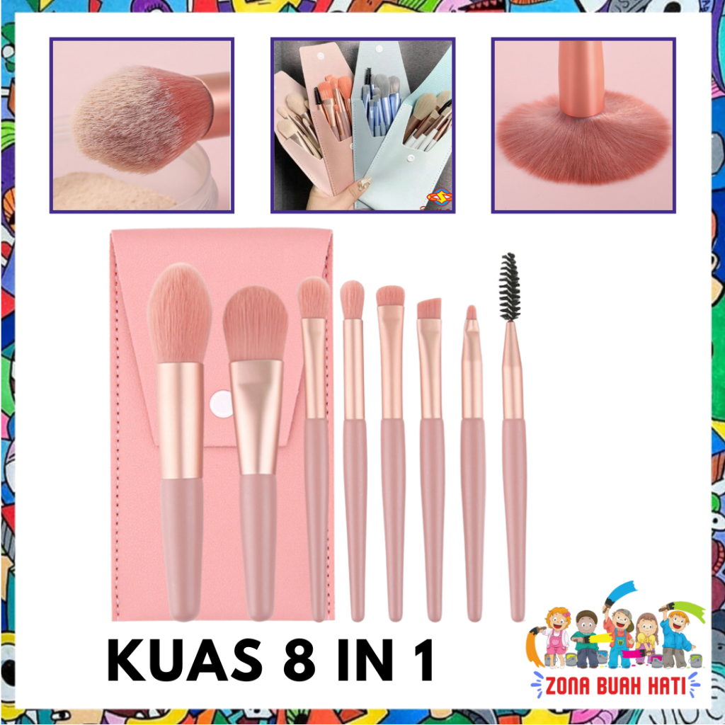 Jual ZBH Kuas Make Up 8 IN 1 Free Pouch Make Up Brush 8Pcs Mini Travel ...