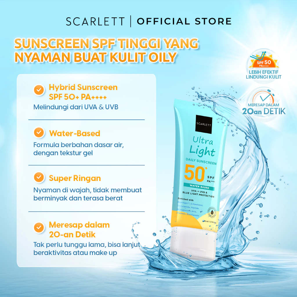 Sunscreen Harian Scarlett Whitening Ultra Light SPF 50 PA++++ Meresap Cepat 20 Detik