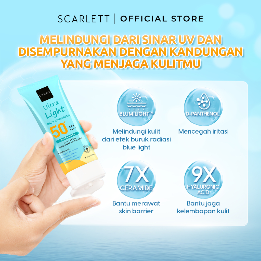 [Oily Skin Friendly] Scarlett Whitening Ultra Light Daily Sunscreen SPFÂ 50+Â PA++++ [Water Based] Meresap 20an Detik (Super Ringan) dengan 7X Ceramide 9X Hyaluronic Acid & No Whitecast