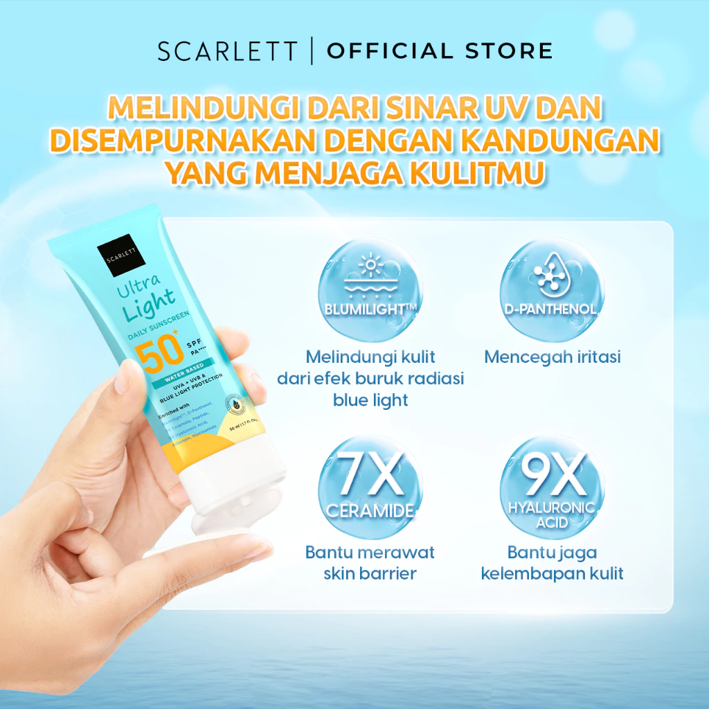 Sunscreen Harian Scarlett Whitening Ultra Light SPF 50 PA++++ Meresap Cepat 20 Detik