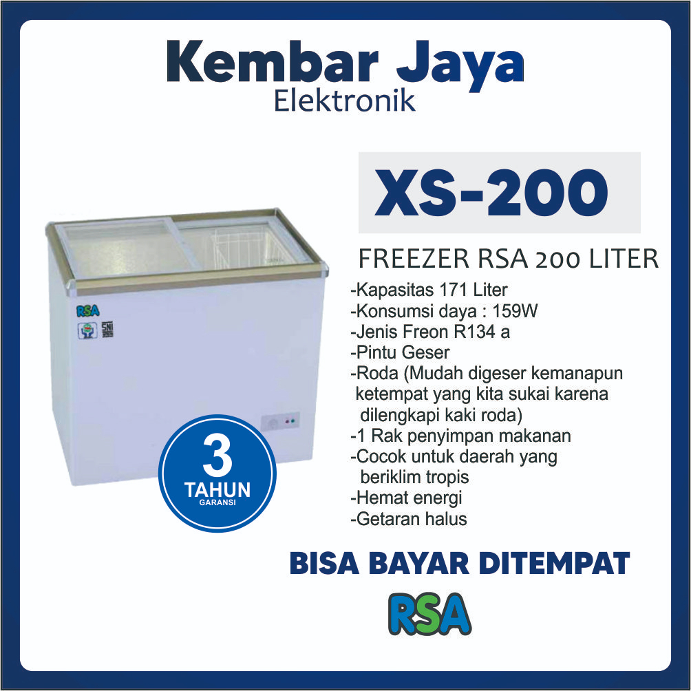 CHEST FREEZER BOX SLIDING FLAT GLASS RSA XS 200 [171L] KHUSUS BOGOR