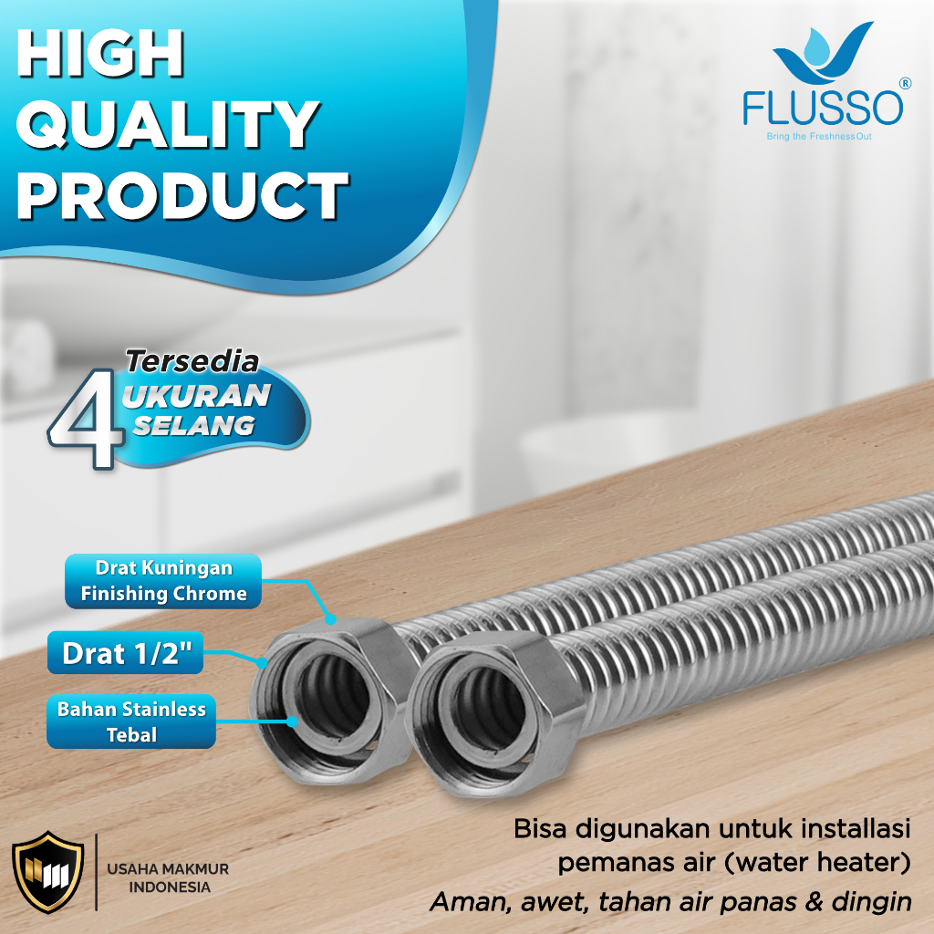 Jual Flusso Selang Fleksibel Kaku Air Panas Dingin Selang Water Heater Stainless Original