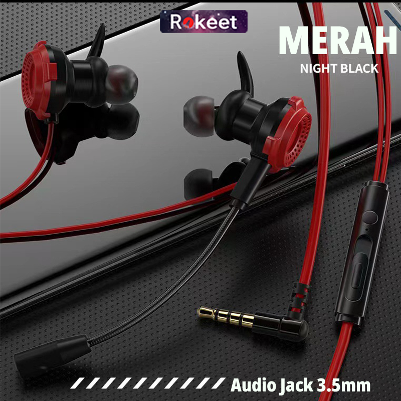 Rokeet Earphone Headset Gaming Bass Noise Canceling Dual Mic Mobile  Earphone Hifi Handsfree