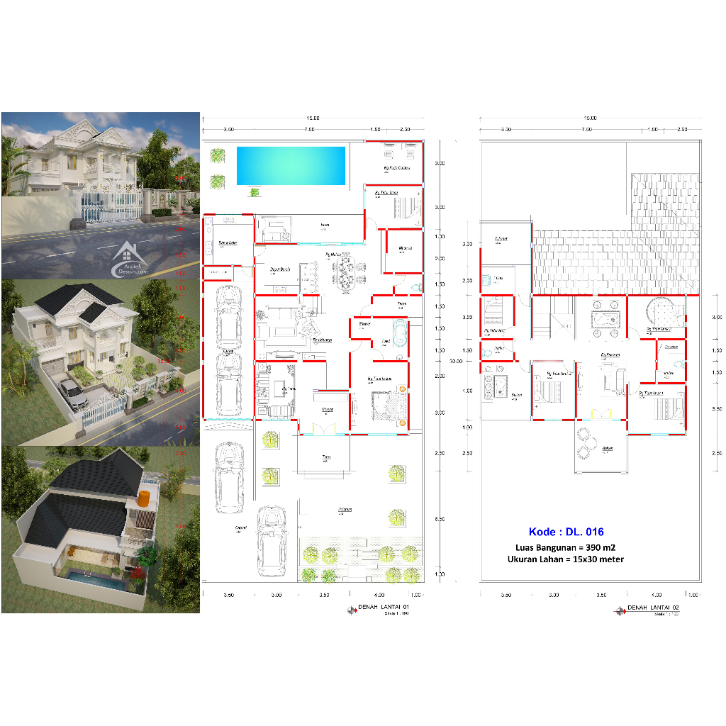 Jual Desain Rumah Klasik Mediteran 2 Lantai Mewah Cantik dan Kolam