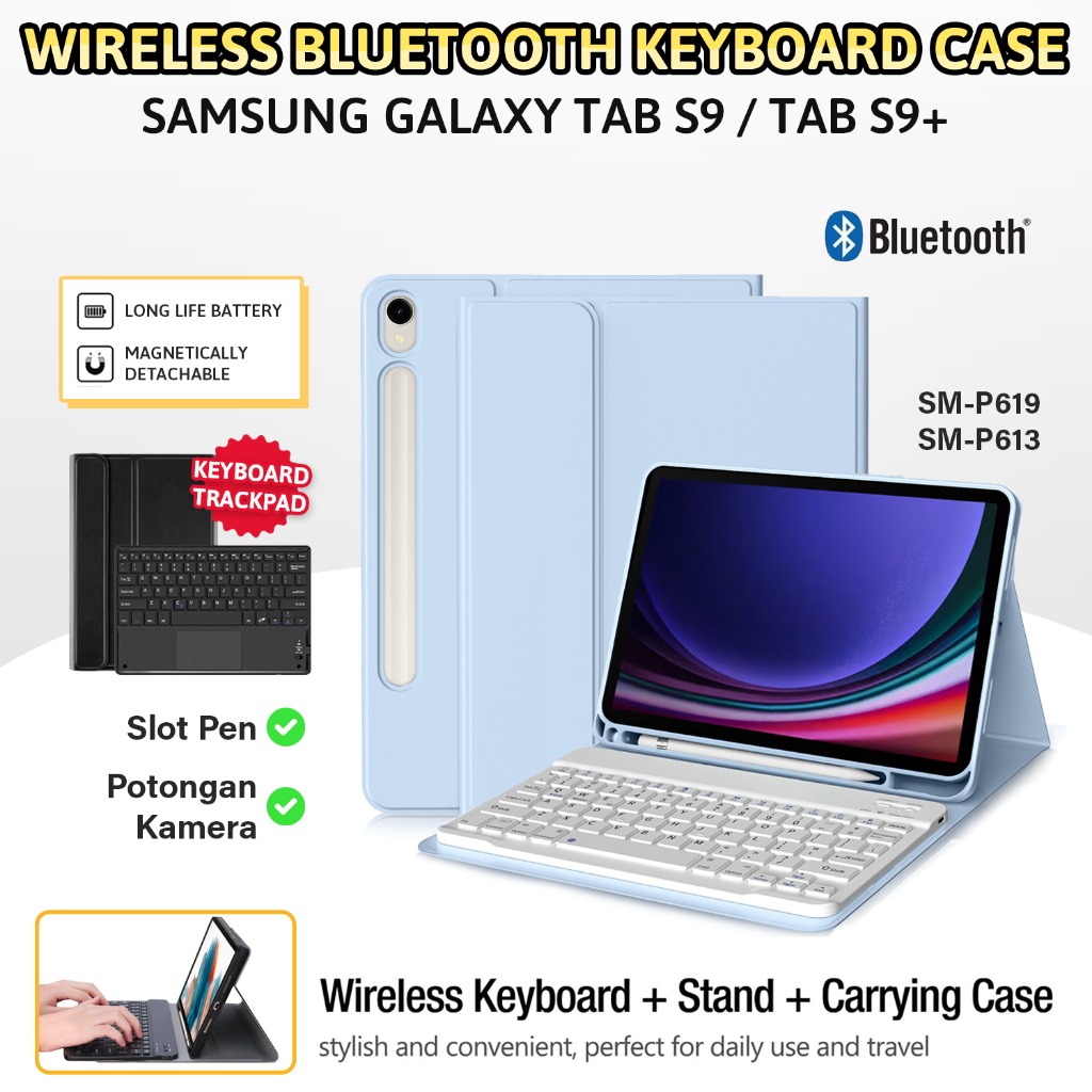 Samsung Galaxy Tab S9 S9+ Plus 2023 Bluetooth Keyboard Case Slot Pen Casing  Wireless Kibord Cover Papan Ketik Pencil Holder Stand