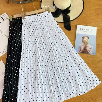 Rok Plisket Panjang Wanita Motif Polkadot Kecil Rok Polca Maxi Skirt A Line Rok Onde