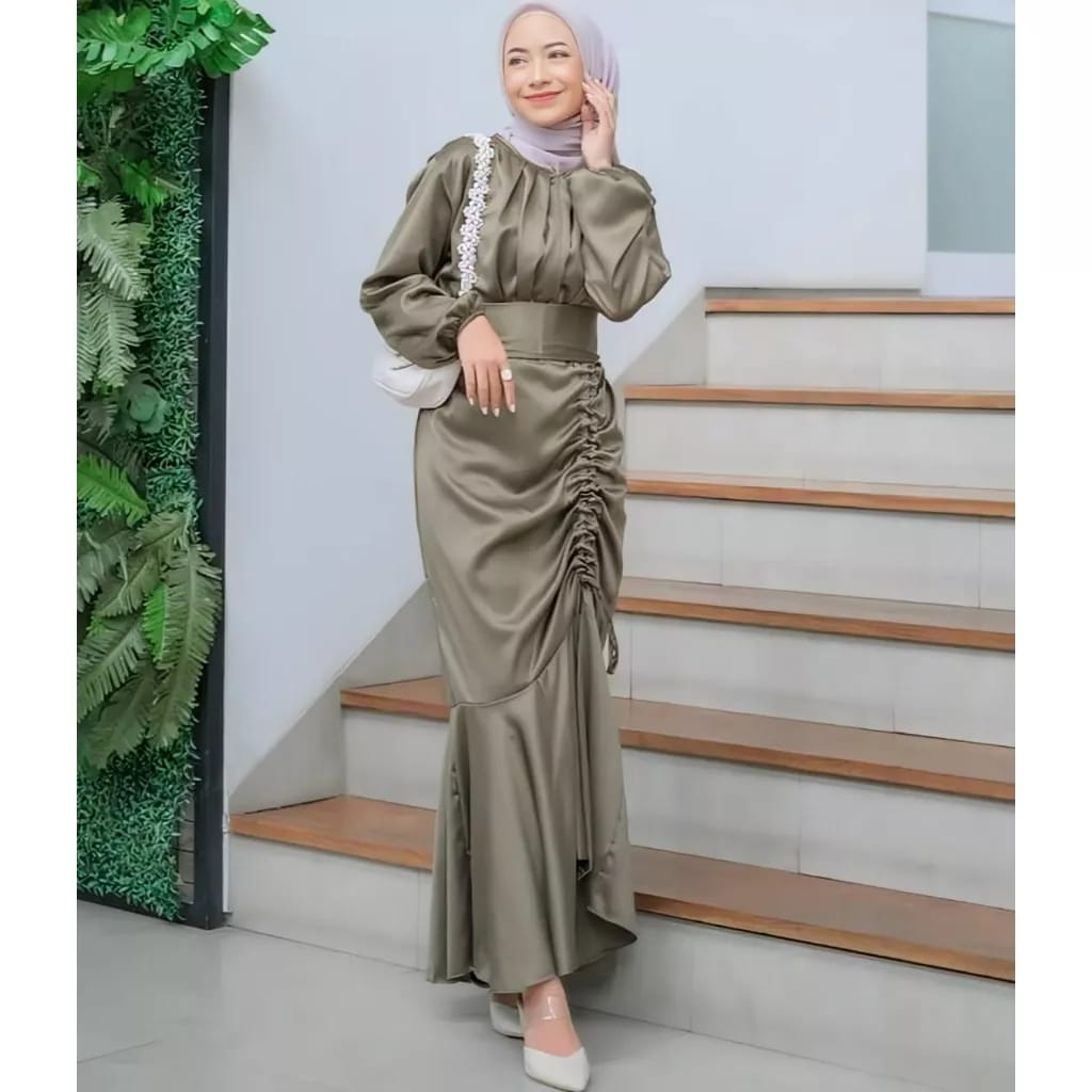 Jual Gamis Remaja Terbaru Model Dress Kekinian Serut Samping Duyung Santin Silk Premium