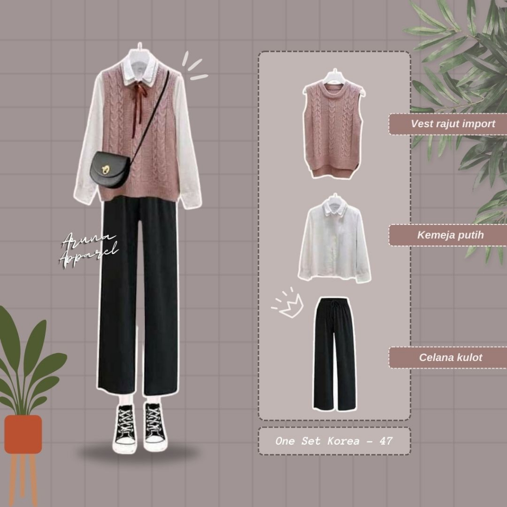 Jual (COD) 3in1 One Set Korean Style, Outfit Korea, Outfit Wanita