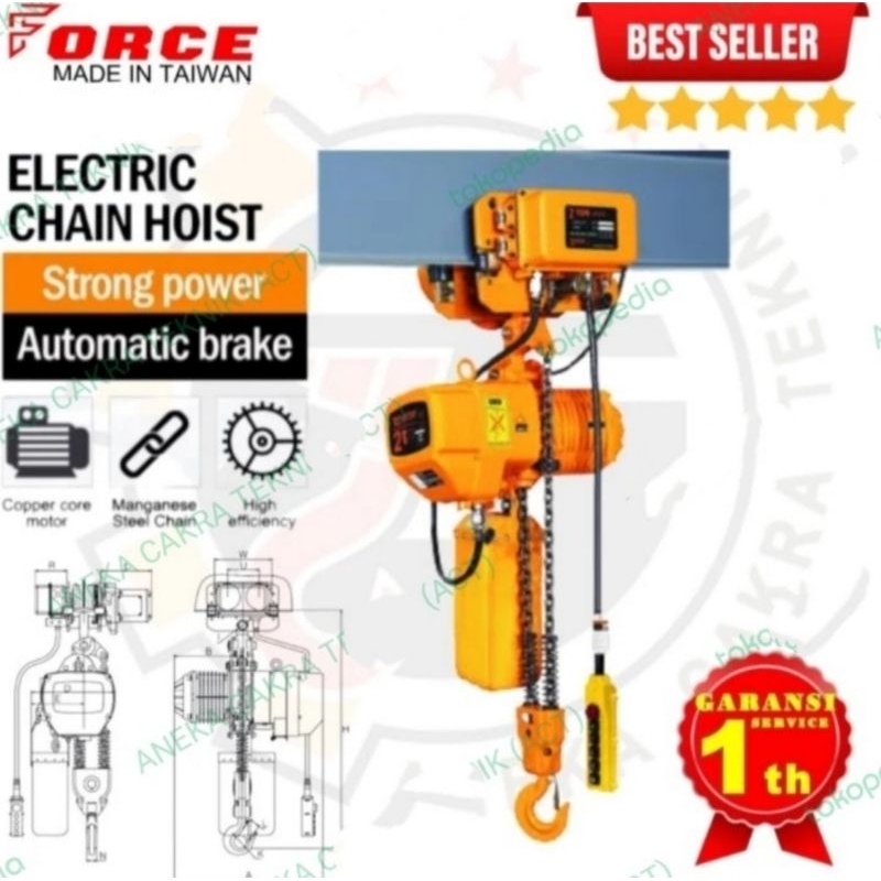 Jual Electric Chain Hoist 3 Ton x 6 Meter (Plus trolley) FORCE TAIWAN