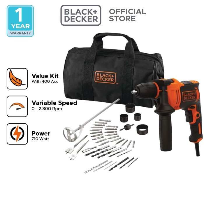 Jual Black+Decker Impact Drill Kit / Bor Impact Listrik Set 710W 40Acc