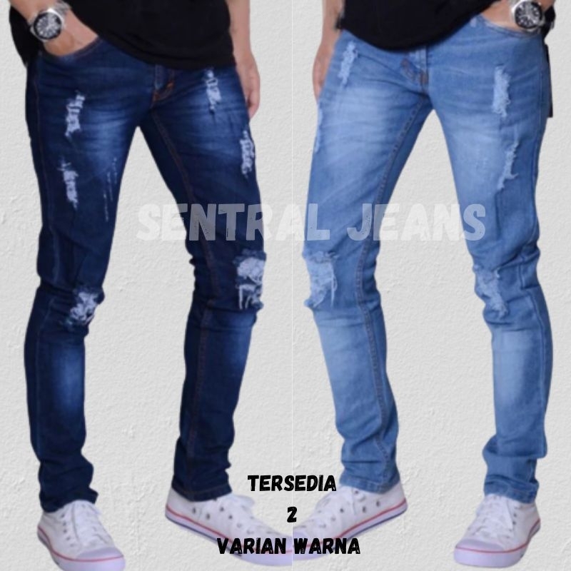 Jual Celana Jeans Sobek Pria Ripped Jeans Celana Slim Fit Pria - Main Image