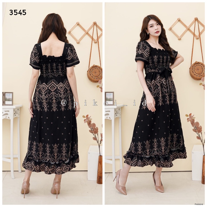 Jual Dress Pantai Wanita Sabrina Dress Rayon Adem Dress Korea Motif Abstrak Estetik Hitam