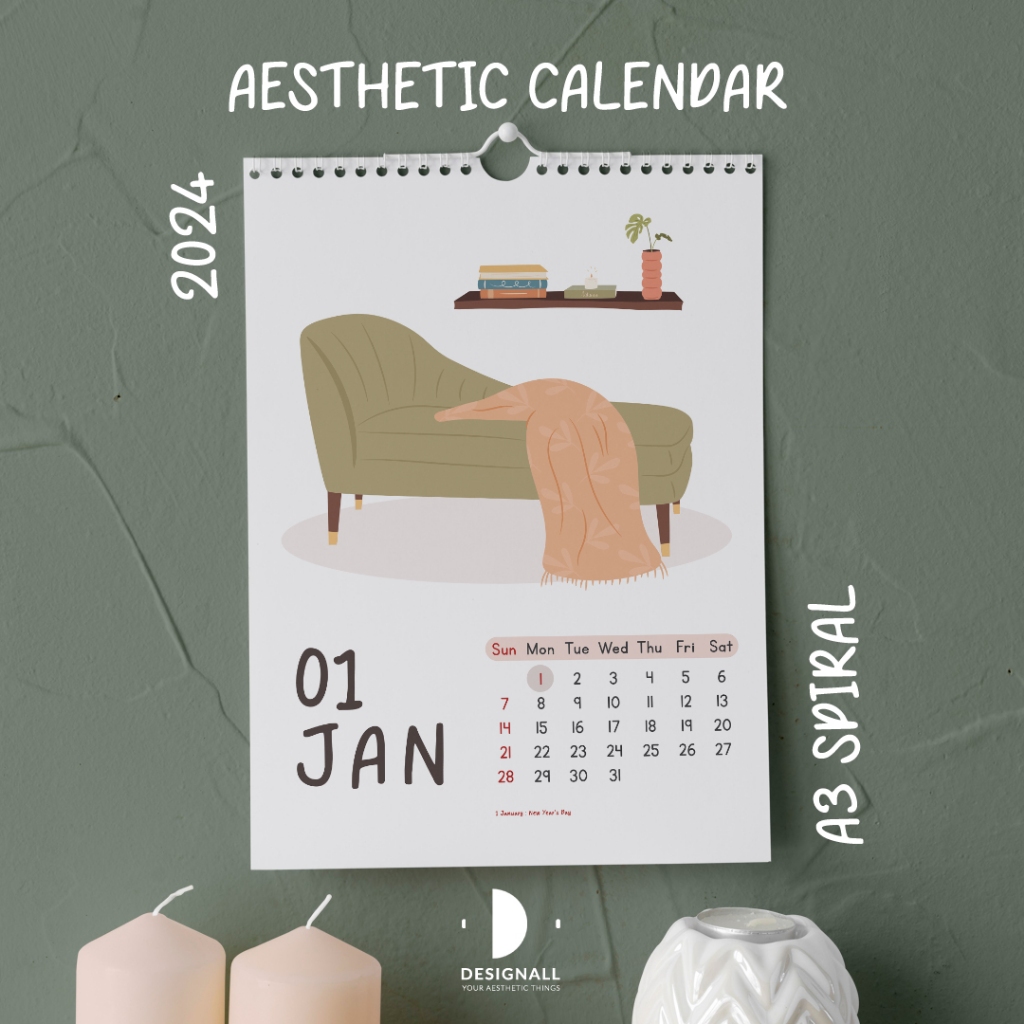 Jual Designall Kalender Dinding Aesthetic 2024 A3 Spiral PV | Shopee ...