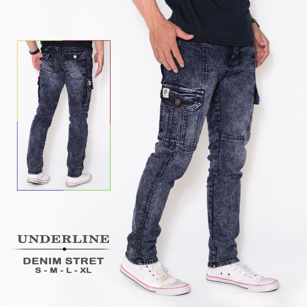 Celana Jeans Cargo Washed Pants Celana Panjang Slimfit Black Sandwash