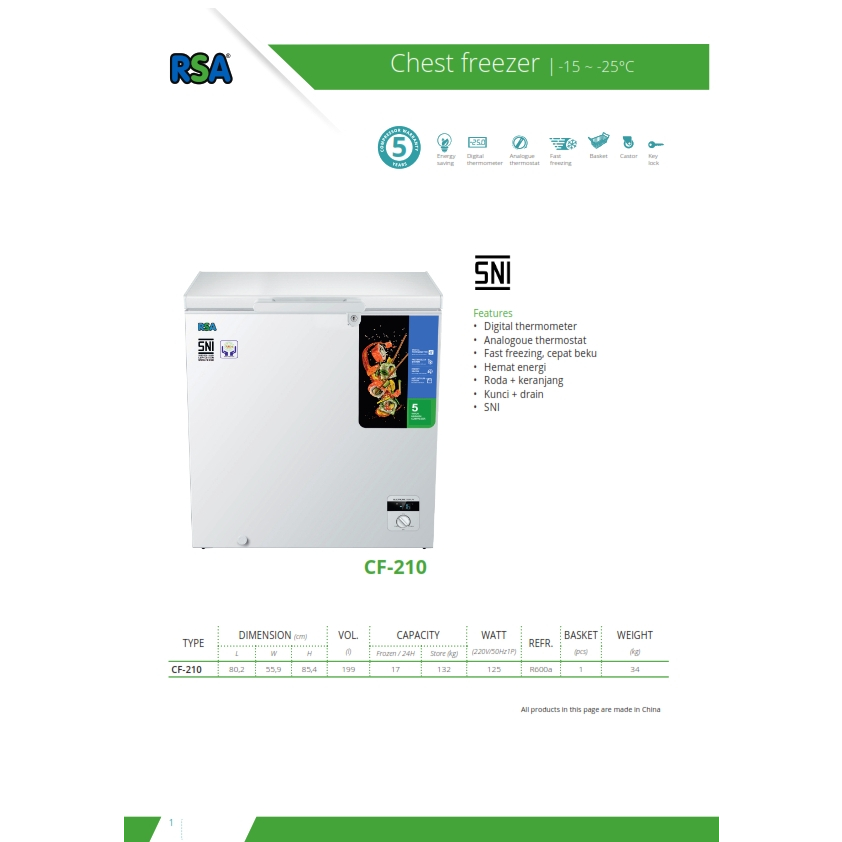 Jual RSA CHEST FREEZER KAPASITAS 210L RSA CF-210 GARANSI | Shopee Indonesia