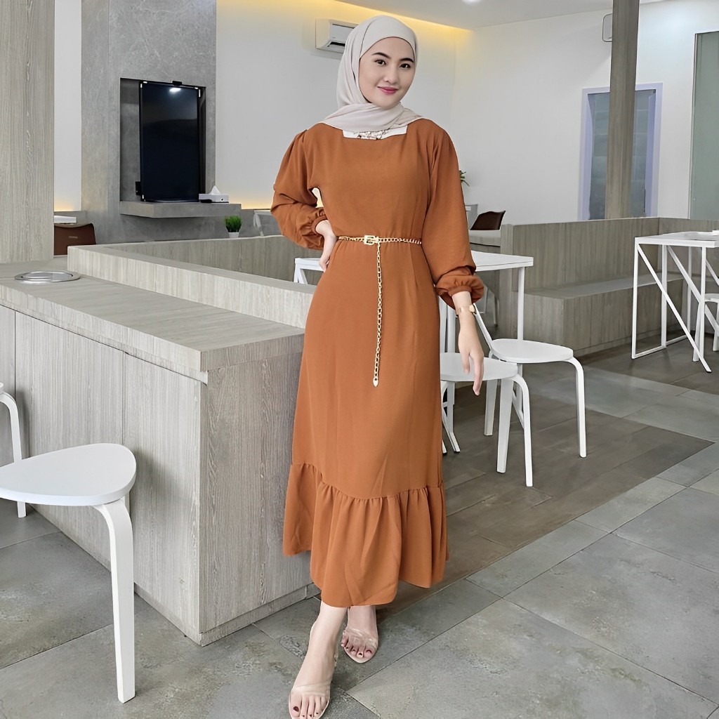 Jual Siska Midi Dress Model Slim Korean Look Bahan Crinkle Airflow