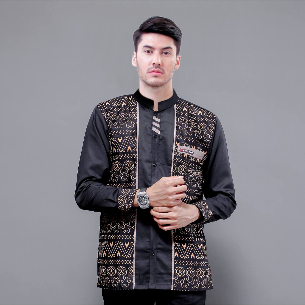 Jual Baju Koko Kombinasi Batik Pria Lengan Panjang Motif Suku Dayak