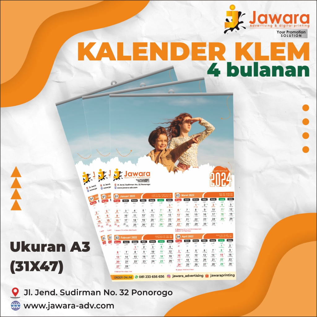 Jual Kalender 2024 dinding 4 bulanan klem, jawaraprinting,ponorogo