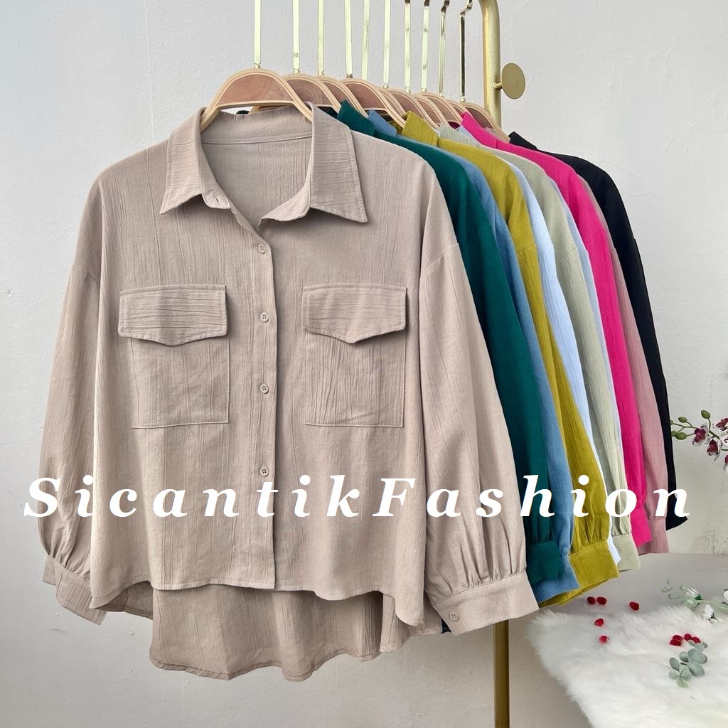 Jual Kemeja Wanita Oversize Linen Kringkel Shirt Oversize Pocket Shopee Indonesia