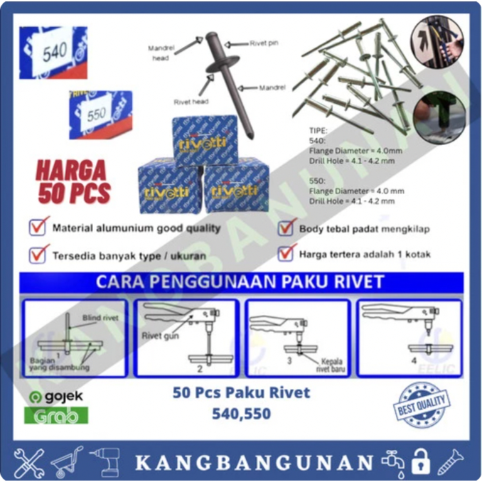 Jual 50 Pcs Paku Rivet Type 540, 550 Blind Rivet Paku Tembak sip Punya ...