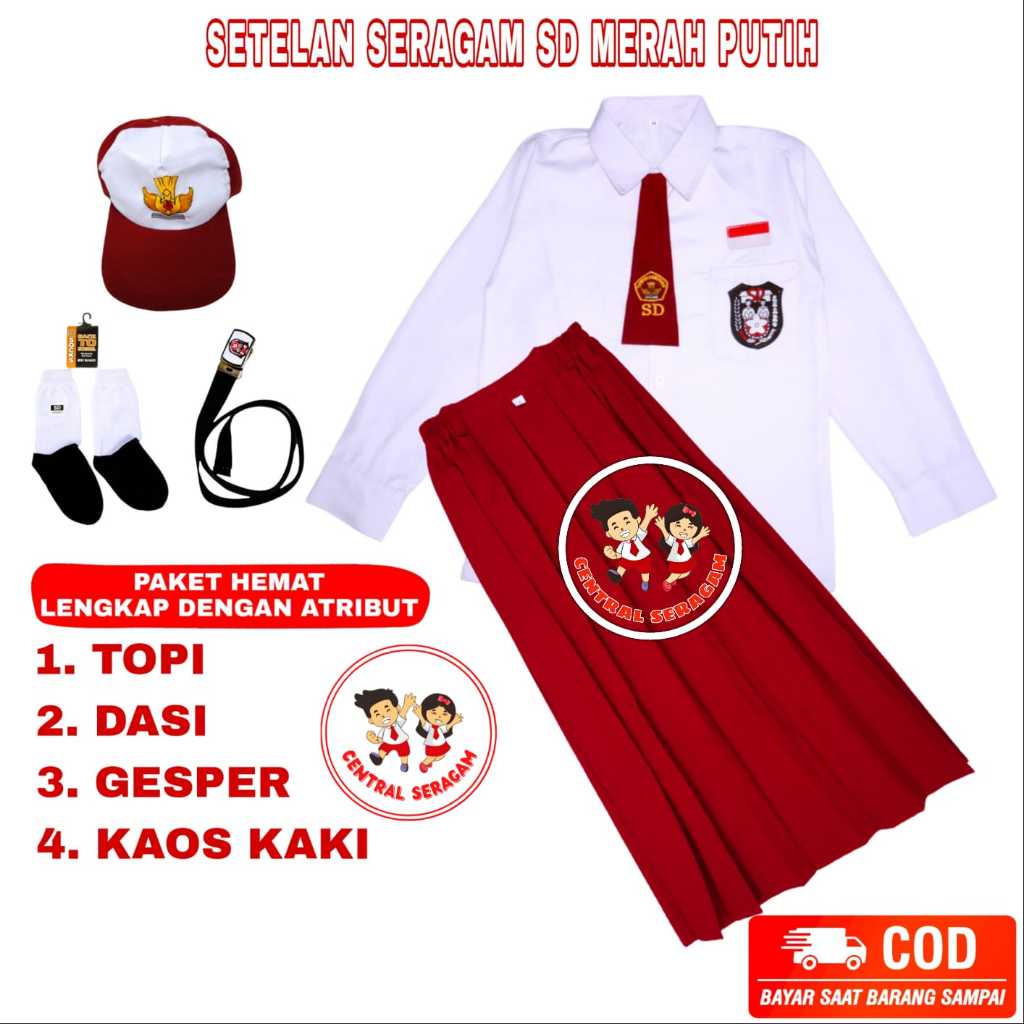 Setelan Lengkap Seragam Sekolah Sd Perempuan Cewek Merah Putih Baju Panjang Rok - foto 2
