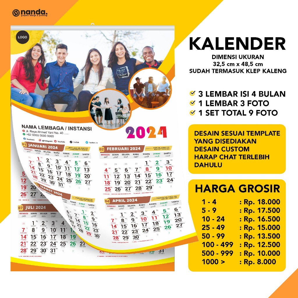 Jual CETAK KALENDER DINDING 2024 ISI 3 HALAMAN 4 BULAN CUSTOM FOTO DAN ...