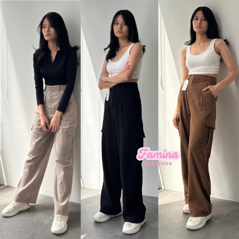 Jual Celana Cargo Wanita Highwaist Bahan Linen Crinkle Premium Melar