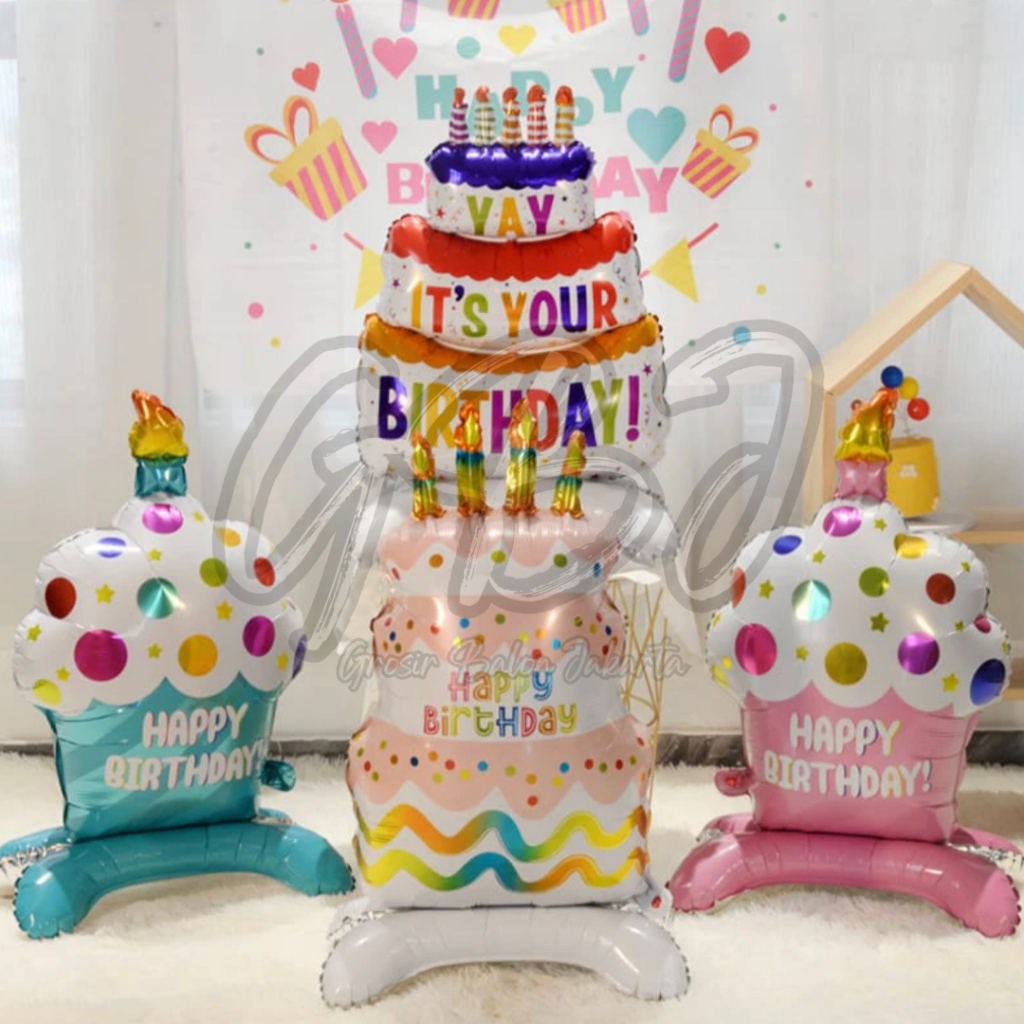 Balon Foil JUMBO Cake / STAND Cake Ulang Tahun / Standing Kue Happy Birthday