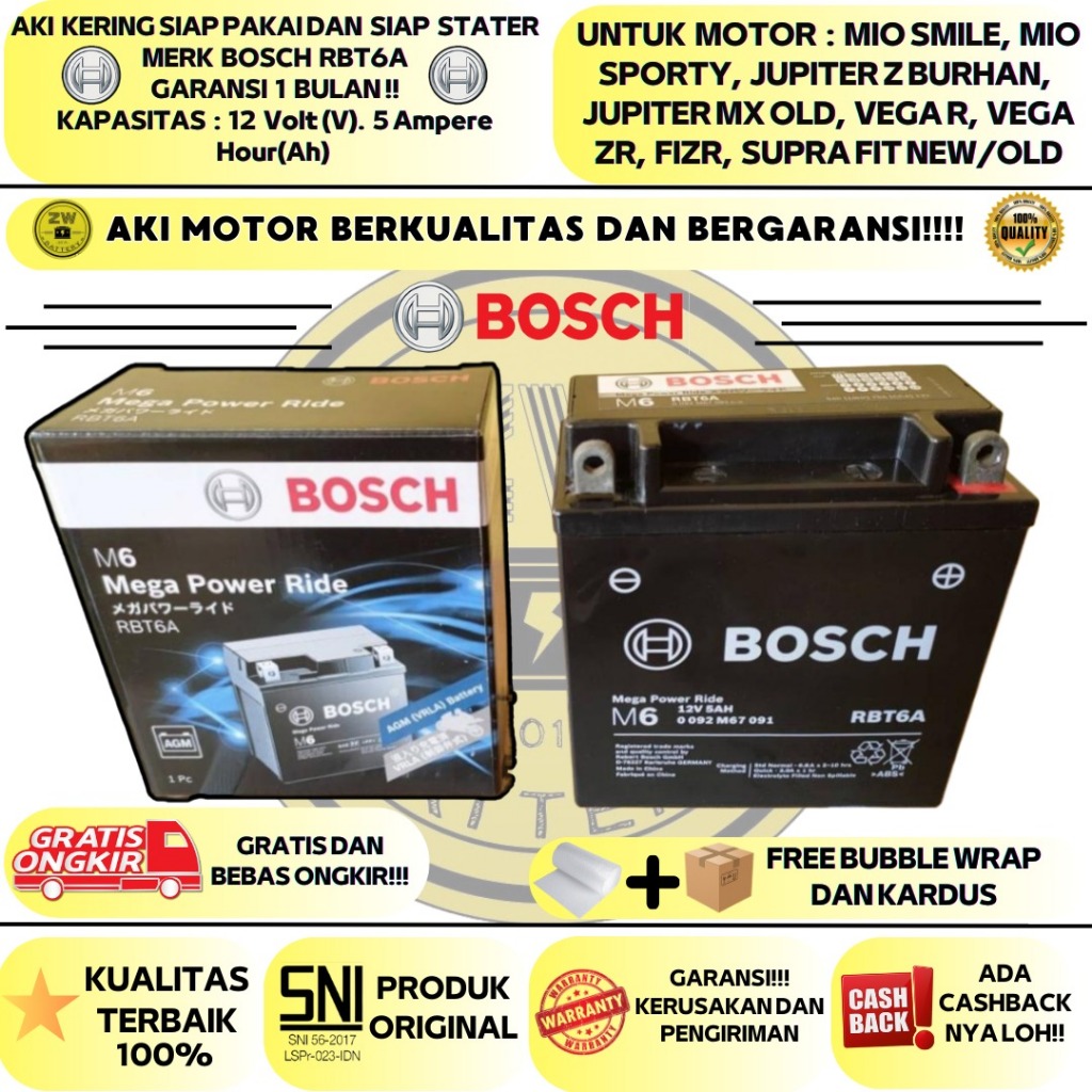 Jual AKI MOTOR JUPITER Z BURHAN, MX LAMA, VEGA R, CRYPTON RBT6A BOSCH
