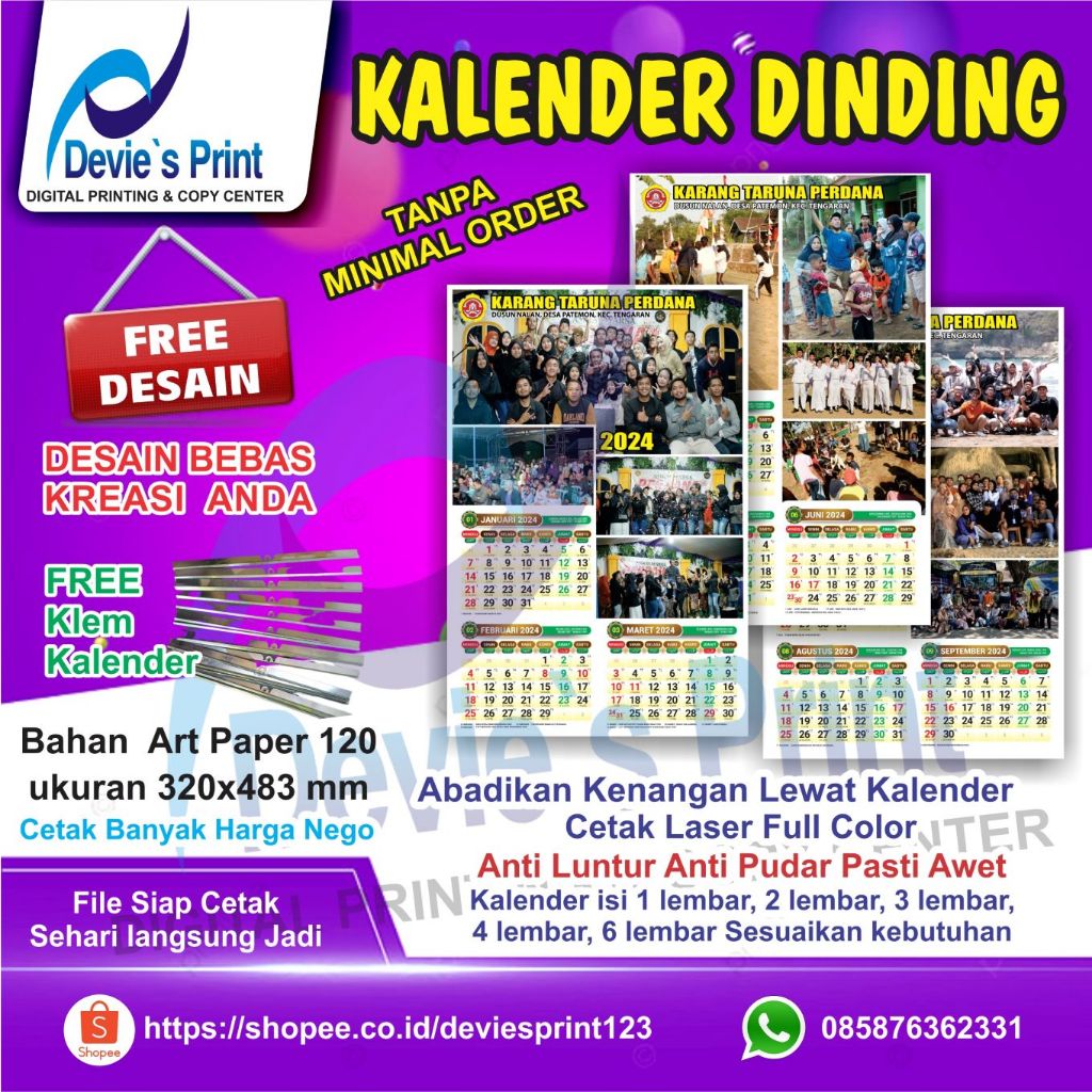 Jual Kalender 2024 Custom, 1 Lembar, 2 Lembar, 3 Lembar, 4 Lembar, Dan ...